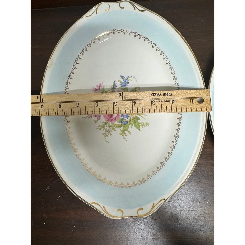 Vintage Floral Oval Serving Platter Set Blue Gold Gilt Scalloped Edge 2 Piece